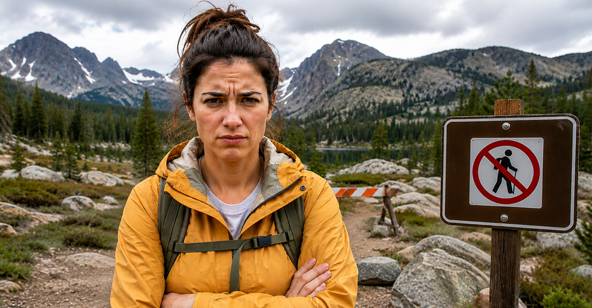 Woman in yellow jacket standing next to closed trail