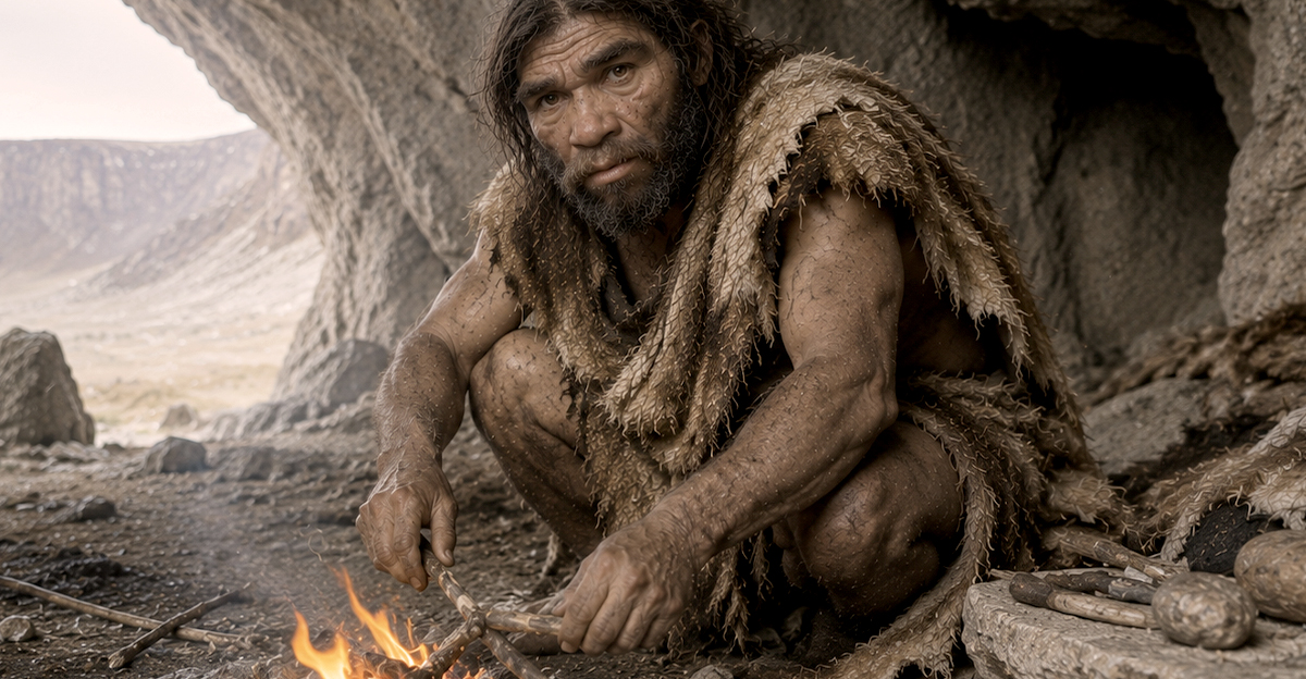 Neanderthal man making fire