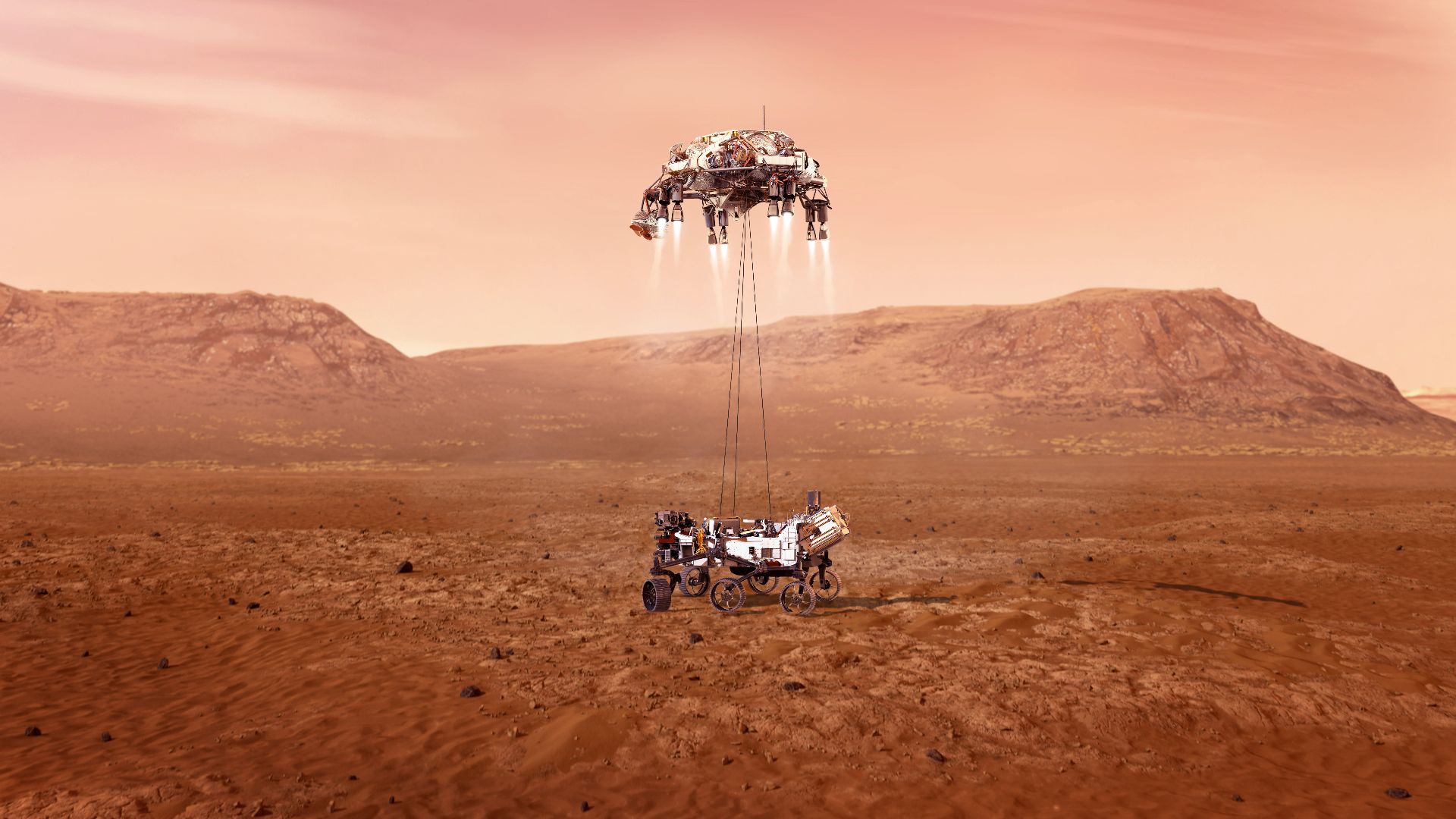 An illustration of NASA's Perseverance rover landing safely on Mars. The actual landing occurred on 18 February 2021.
Entry, Descent, and Landing, or
