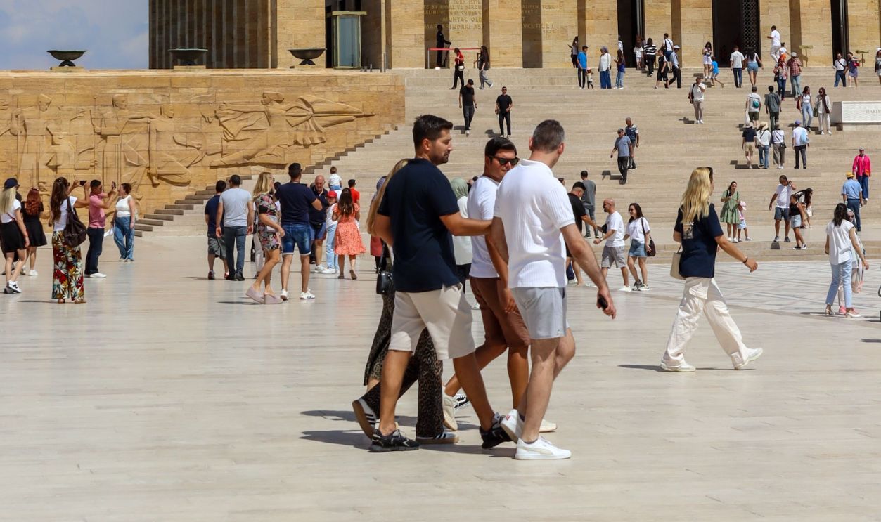 Tourists exploring the historic Anıtkabir in Ankara on a sunny day.