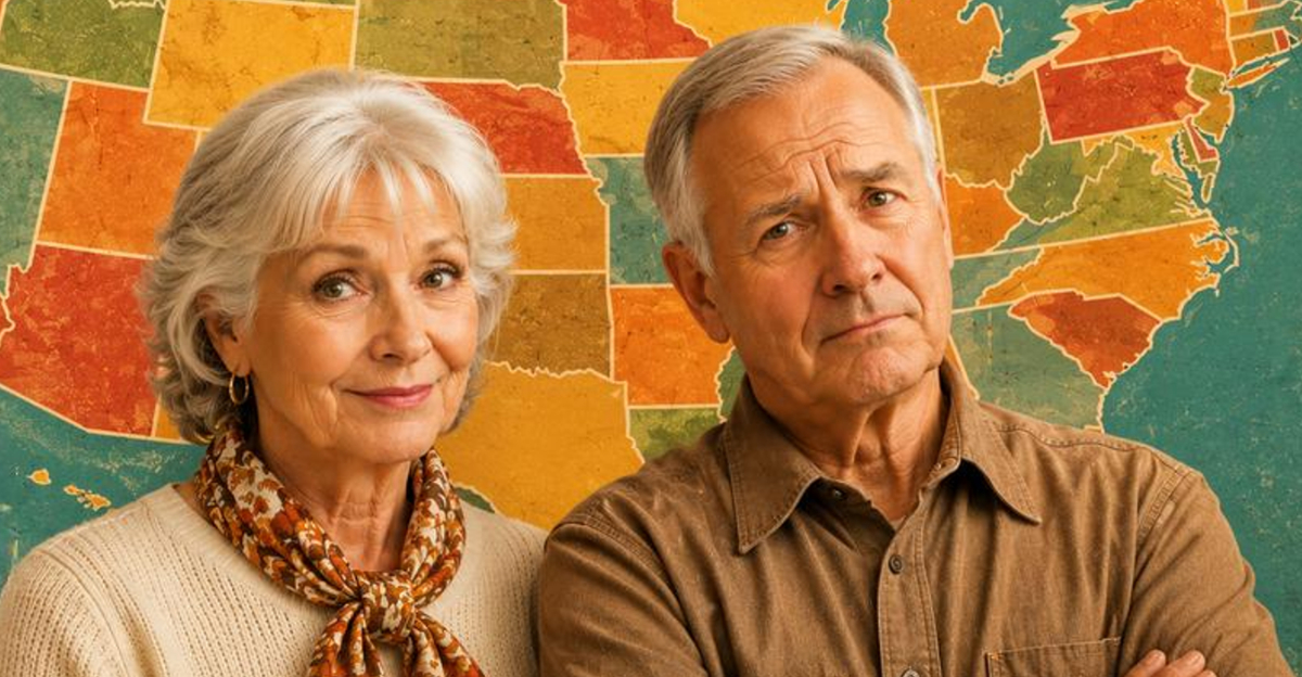 baby boomer man and woman in front of retro-looking USA map