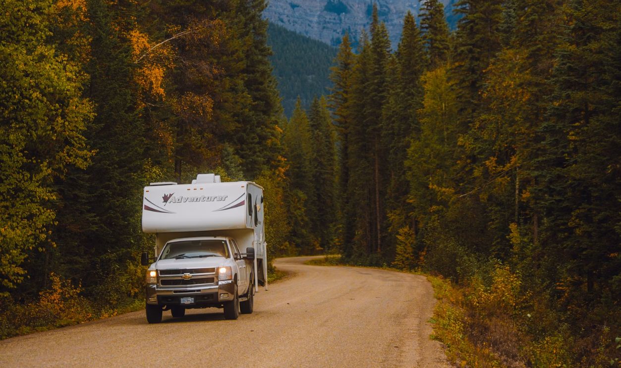 A truck driving down a road next to a forest