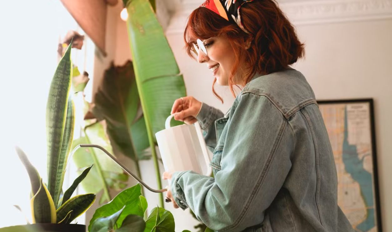 A red-haired woman caring for indoor plants with a watering can