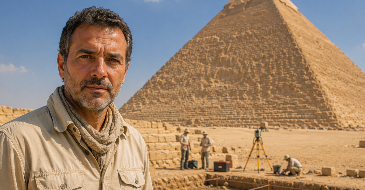 Archeologist in front of Great Pyramid of Giza