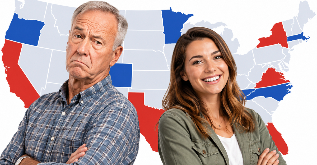 Boomer man, Millennial woman USA state map background