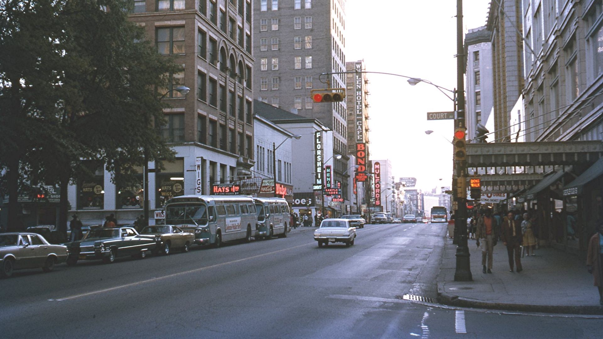 Late afternoon shot in the main street of Memphis, Tennessee. Taken on Kodachrome on 11 Nov 1971.