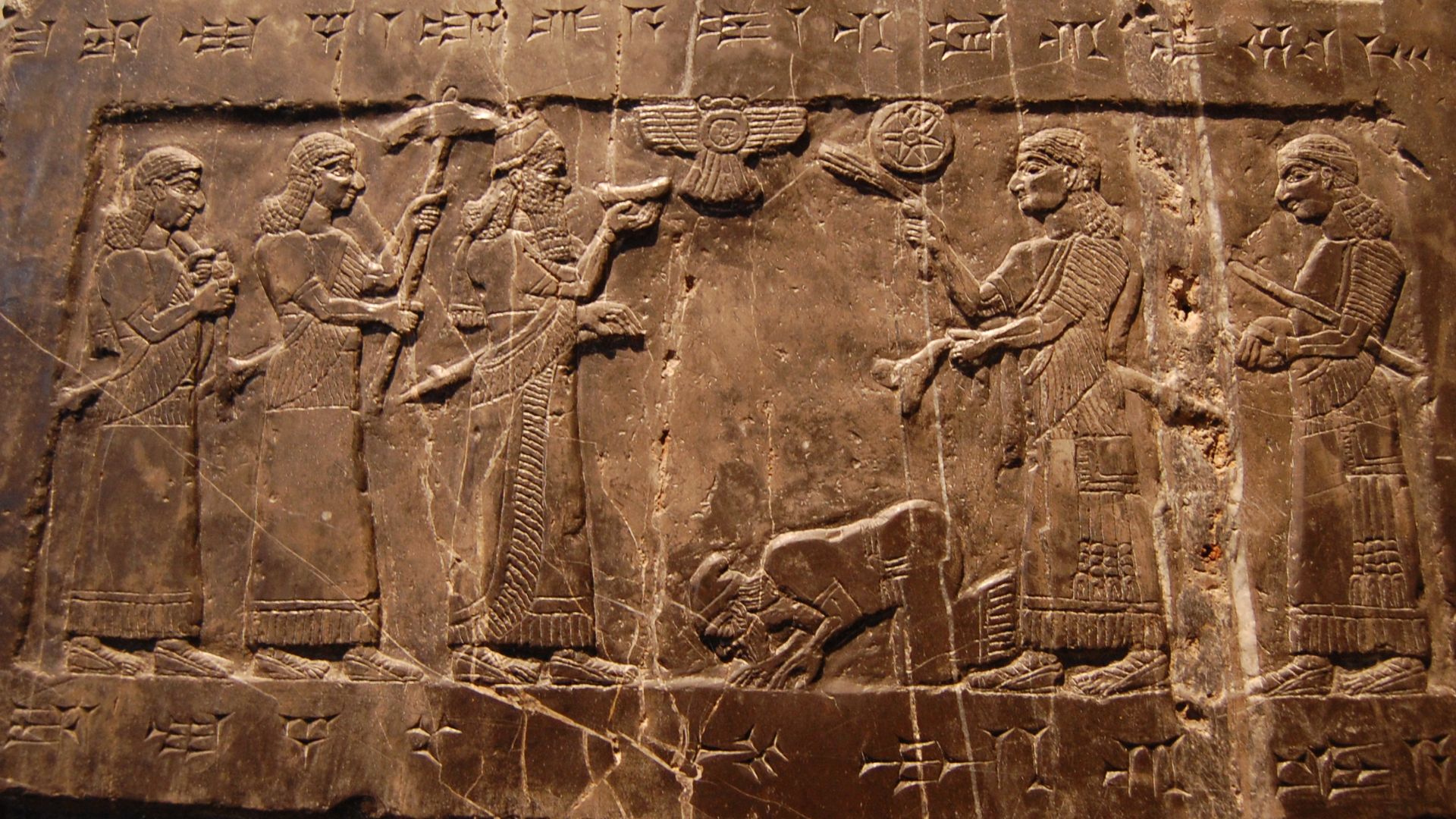 Depiction of Jehu King of Israel giving tribute to King Shalmaneser III of Assyria, on the Black Obelisk of Shalmaneser III from Nimrud (circa 827 BC) in the British Museum (London).