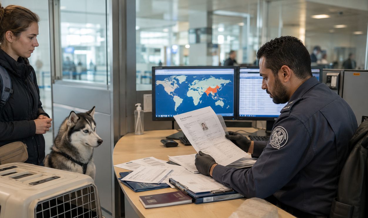 Airport inspection with traveler and dog