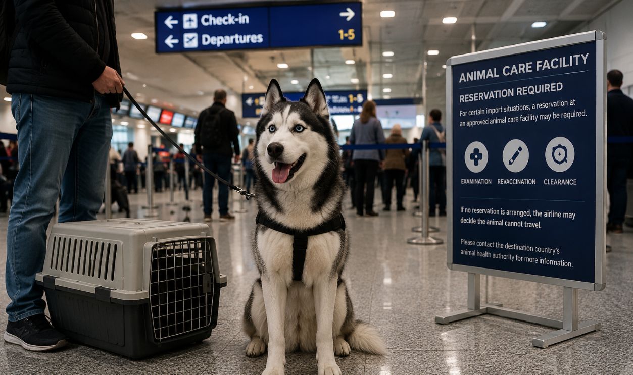 Happy husky at the airport terminal