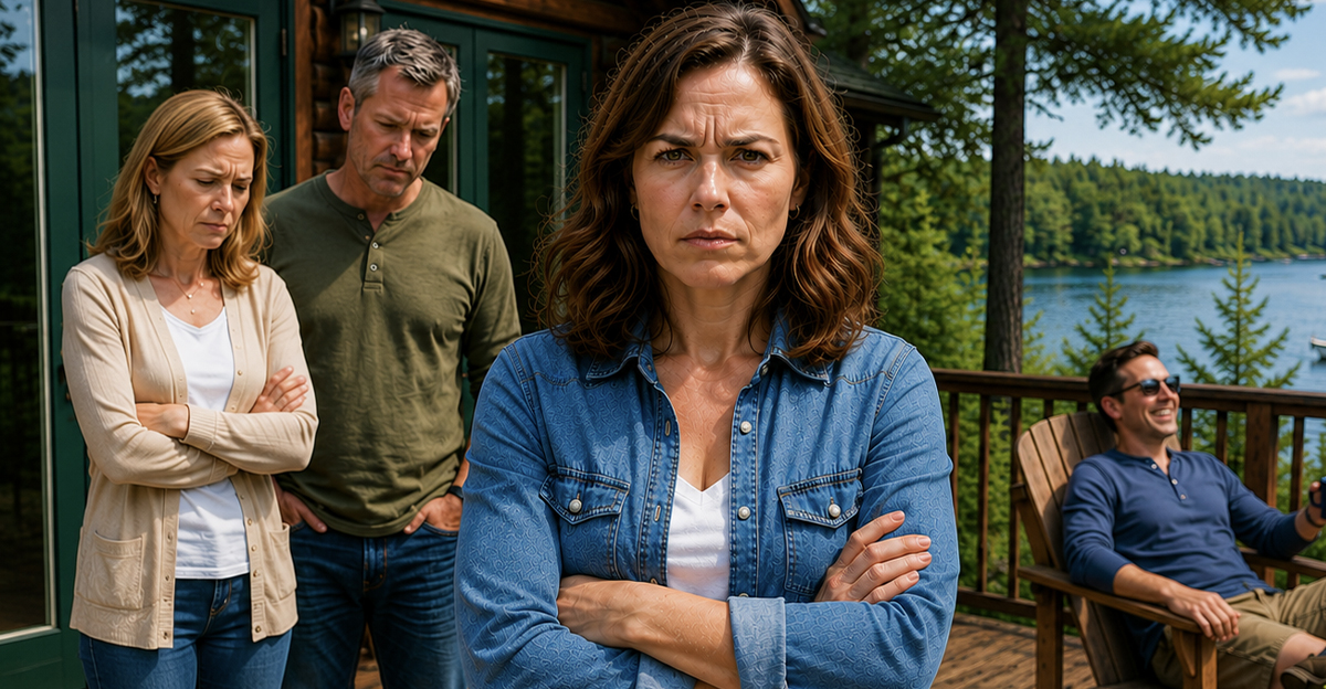AI-generated image of a woman worried about shared expenses for a vacation cabin.