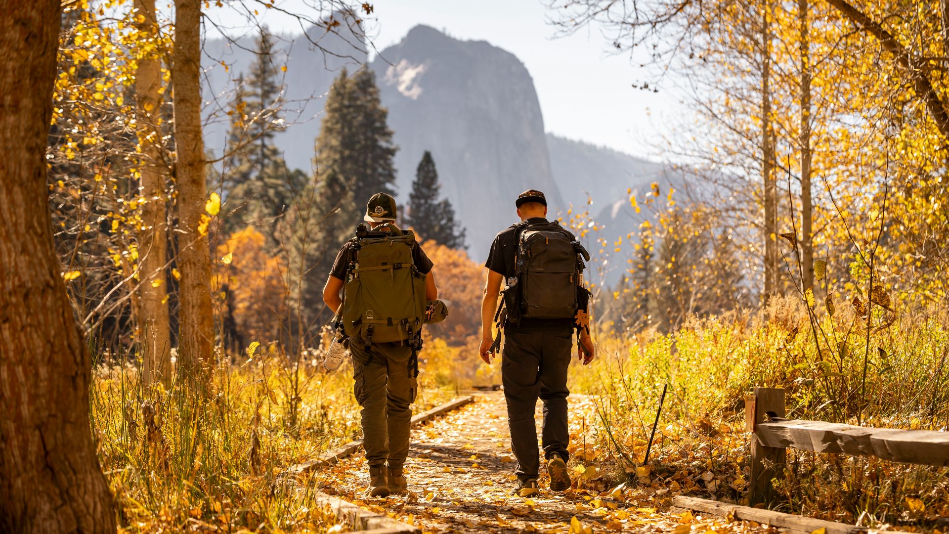 Two hikers walk on a path in autumn woods.
