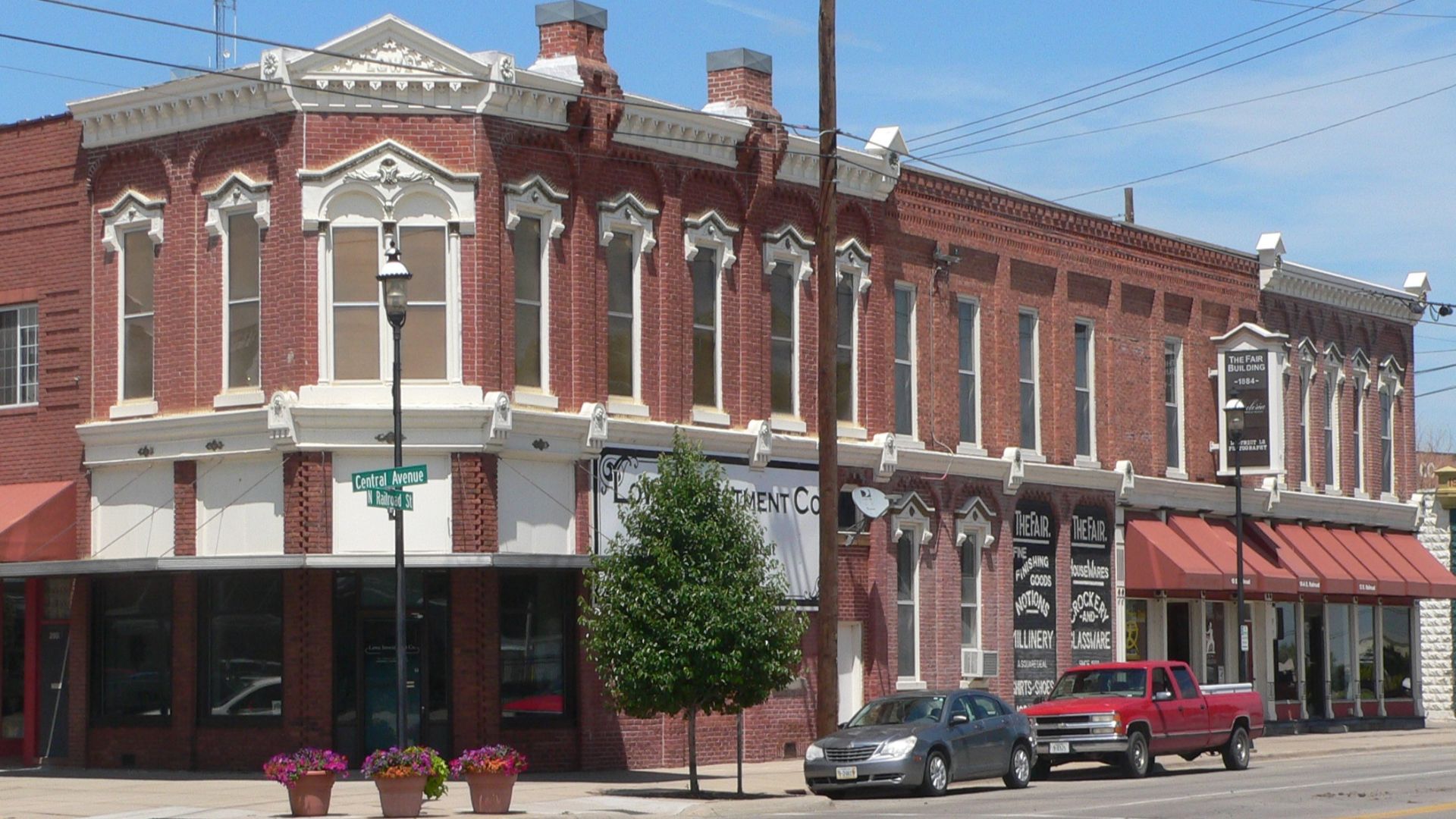 Northeast corner of Central Avenue and North Railroad Street in Kearney, Nebraska; seen from the southwest.