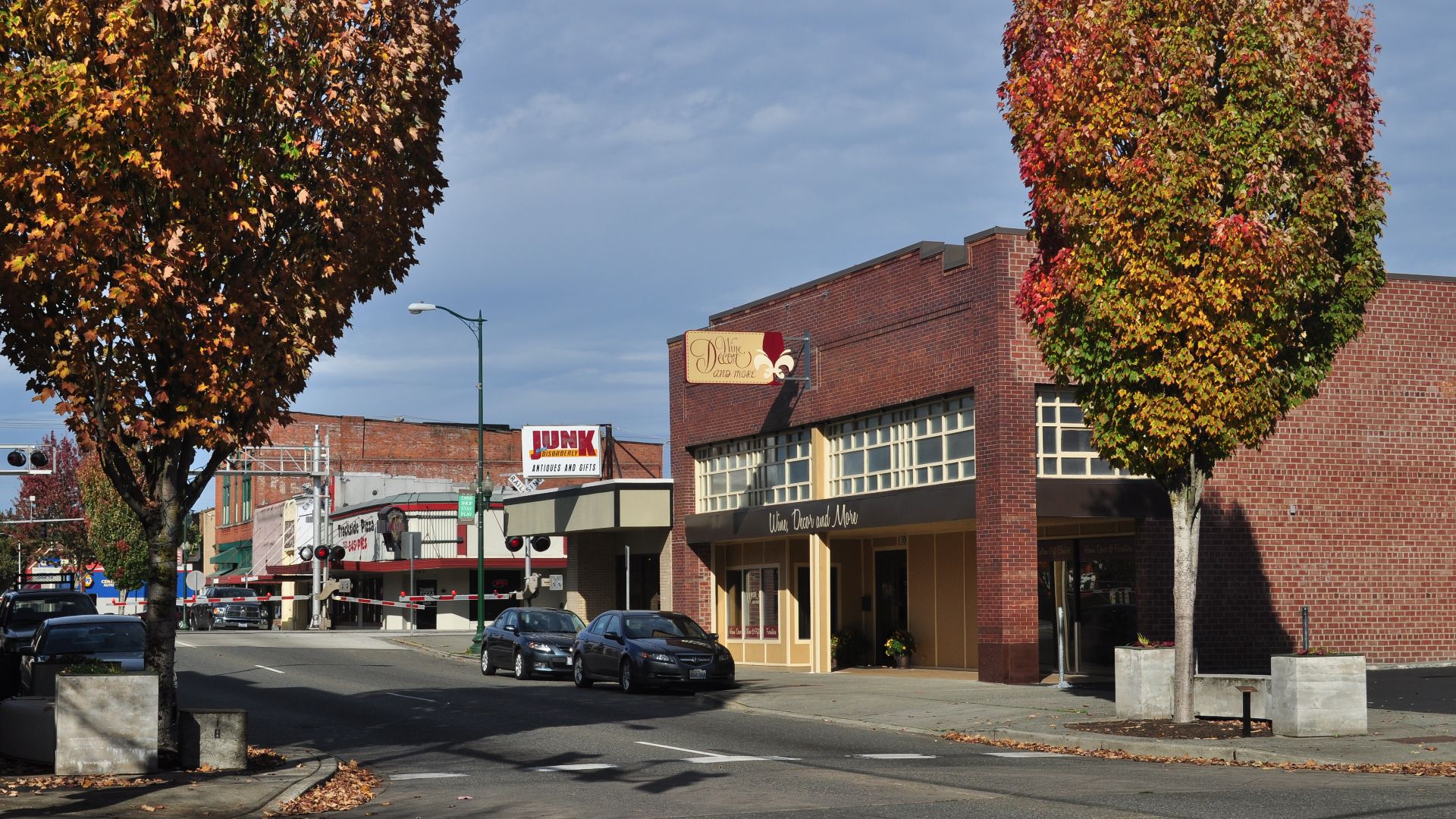 Looking roughly north at the east side of 100 & 200 blocks of N. Meridian, Puyallup, Washington. Train tracks are BNSF Seattle Subdivision.