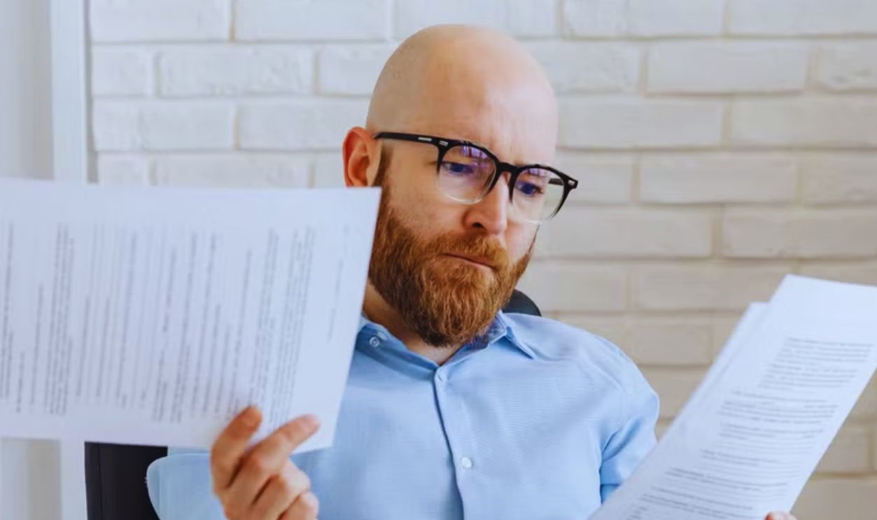 Bald bearded businessman reading financial documents in modern office setting