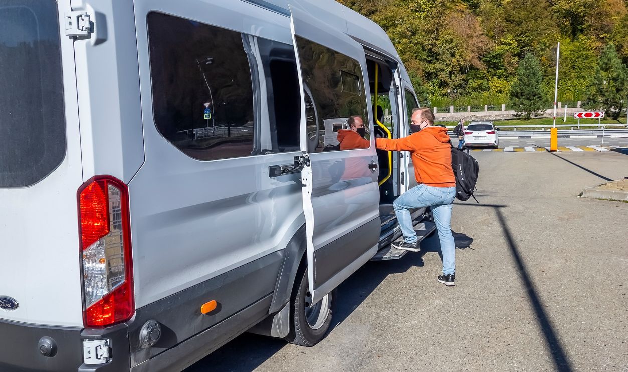 Krasnaya polyana, Russia, October 20, 2021. Shuttle to resort Rosa Khutor in the autumn day