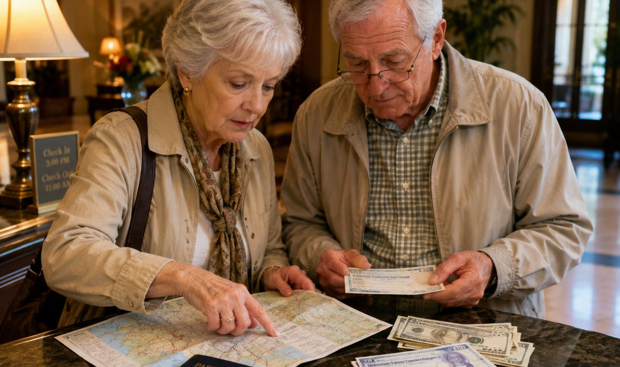 Seniors organizing travel details at hotel