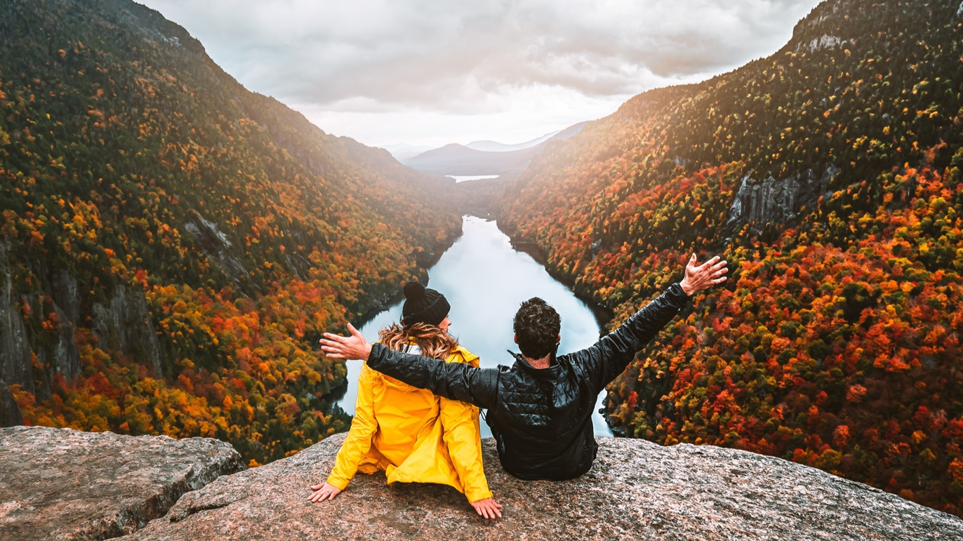 Autumn Fall Foliage Indian Head Adirondacks Hiking Adventure Couple Sit Together