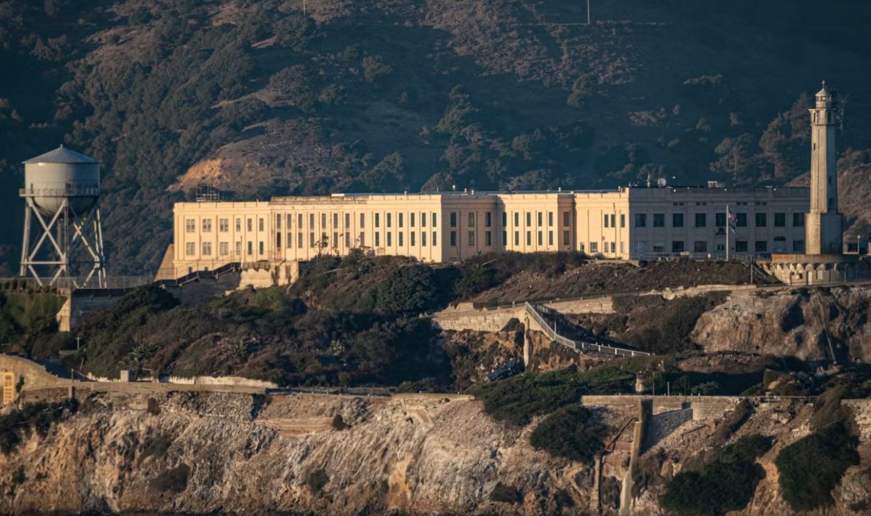 A view of Alcatraz Island, featuring the historic prison and lighthouse in San Francisco Bay