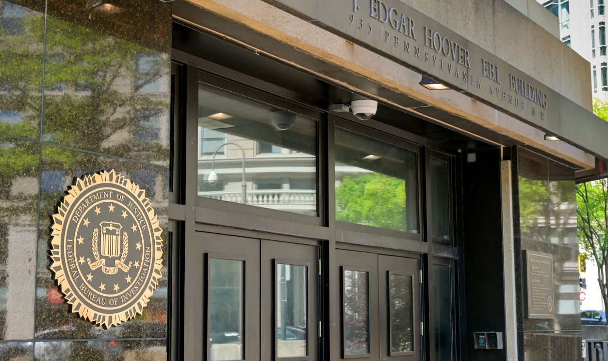 Washington DC, USA - 2 May 2024: Entrance to the headquarters of the FBI in the J Edgar Hoover building in downtown Washington DC