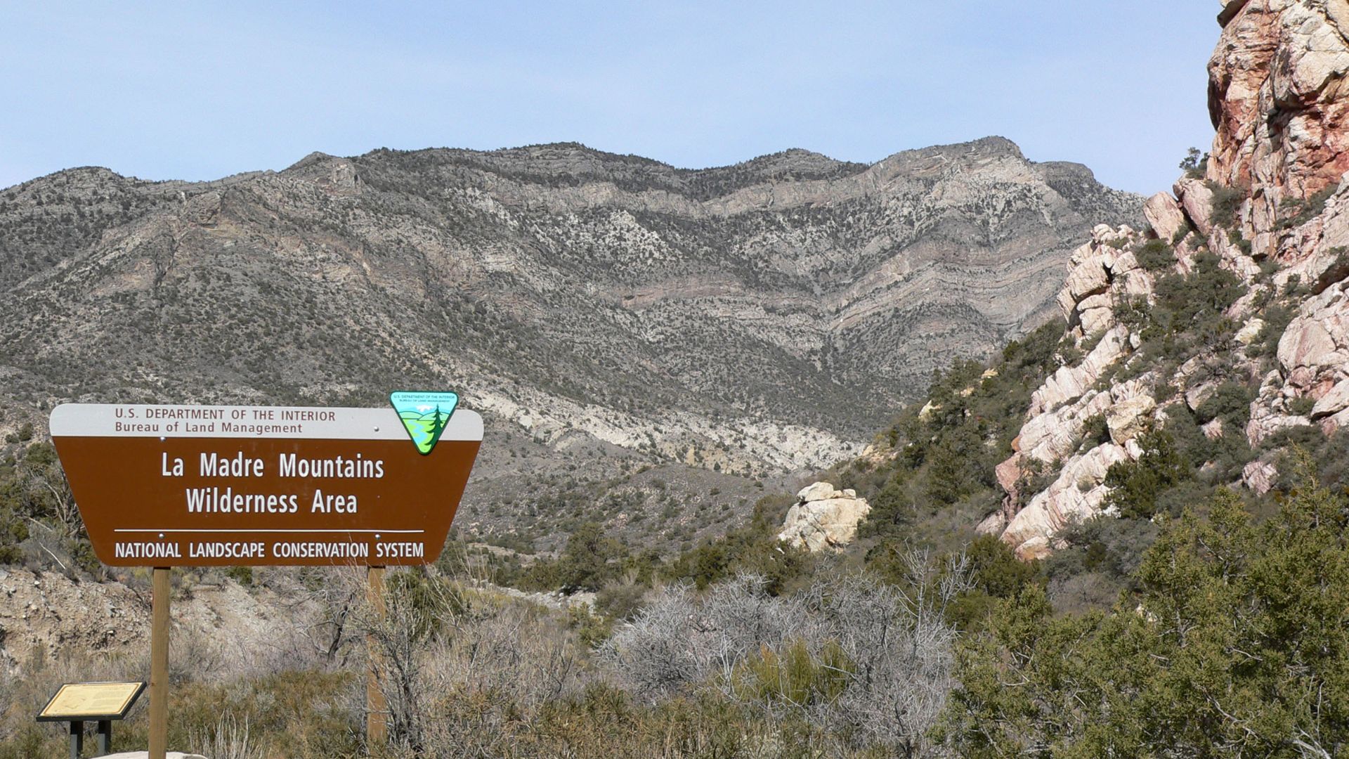 Sign for the La Madre Mountains Wilderness Area, seen on the White Rock Loop trail, Red Rock Canyon, southern Nevada