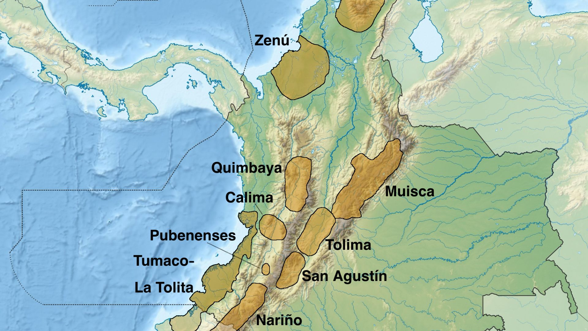 This is an image that shows the 10 major pre-columbian cultures of Colombia. The Zenù, Tairona, Quimbaya, Muisca, Calima, Tolima, los Pubenenses, San Agustín, Nariño and Tumaco-La Tolita.