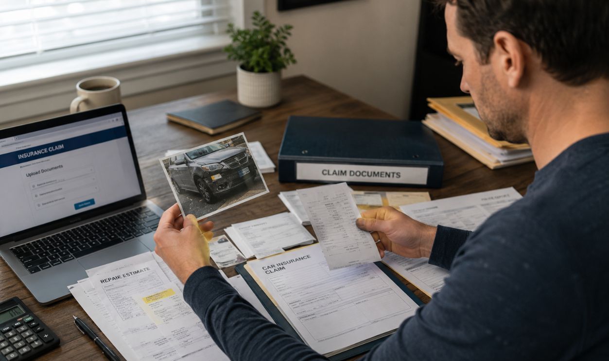 Man reviewing car insurance claim documents