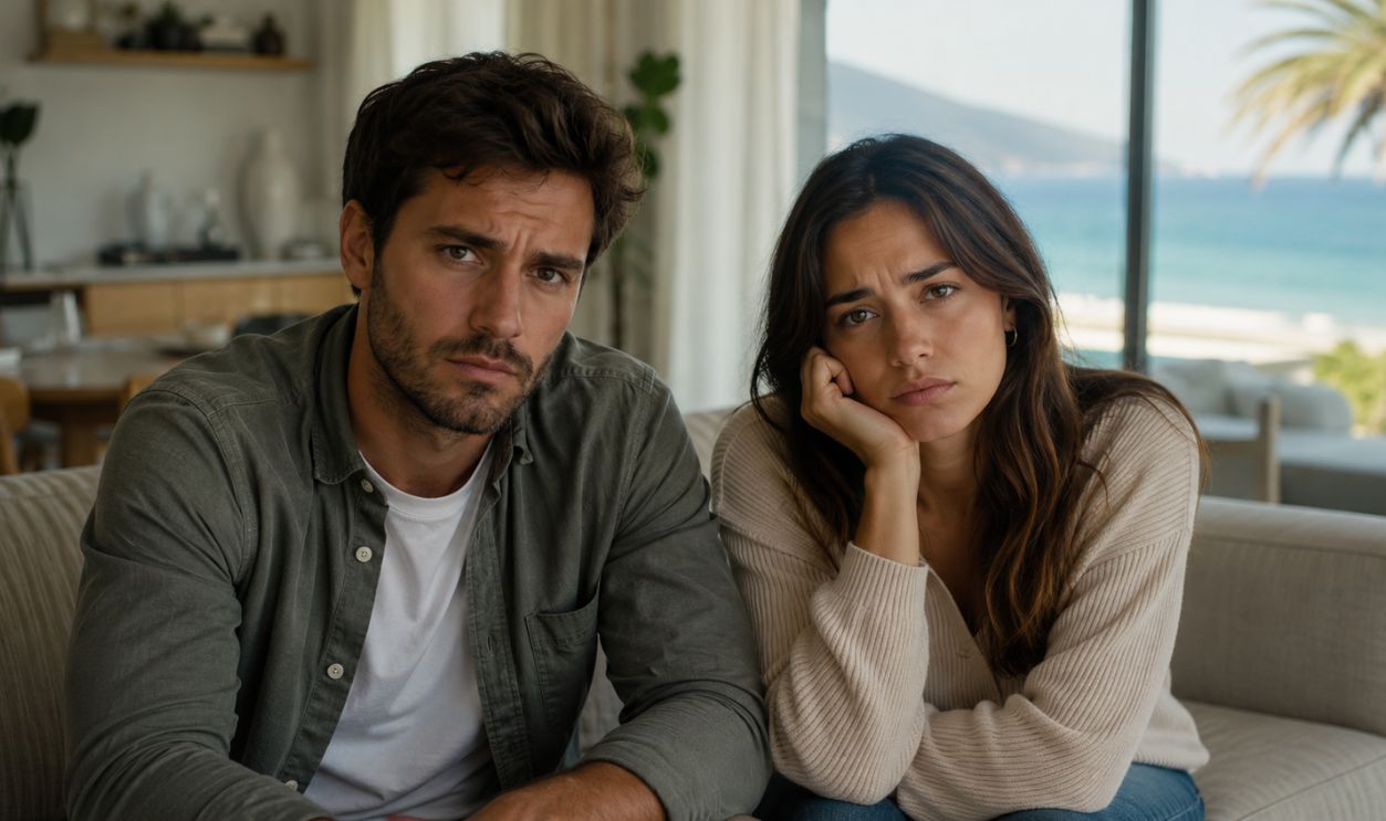 Unhappy couple in seaside living room