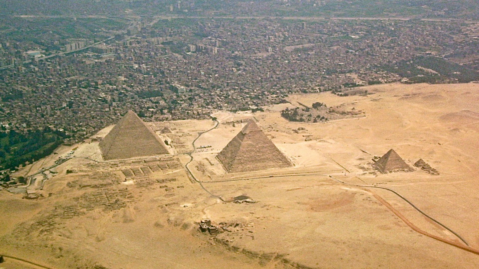 The Giza-pyramids and Giza Necropolis, Egypt, seen from above. Photo taken on 12 December 2008.
