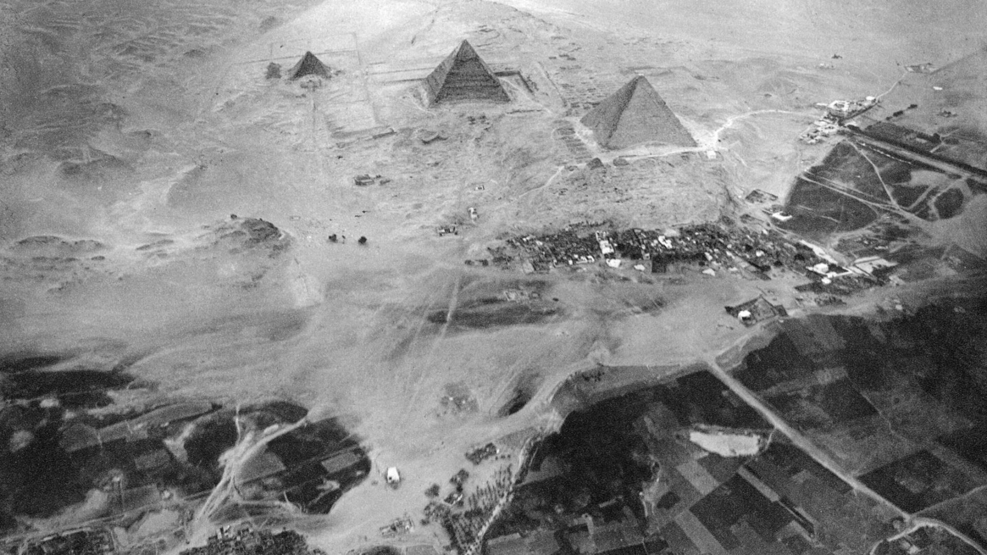 Pyramids of Gizah, Egypt. From left to right: Menkaure, Kephren, Cheops. Photographed from a balloon from about 600 metres above ground.