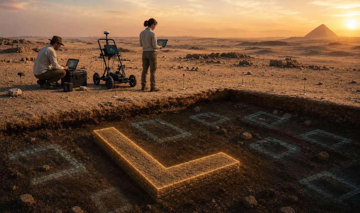 Desert excavation at sunset with tech