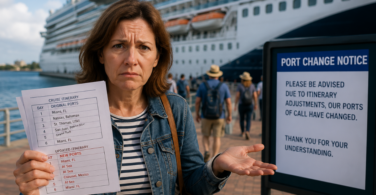 worried woman in front of cruiseline