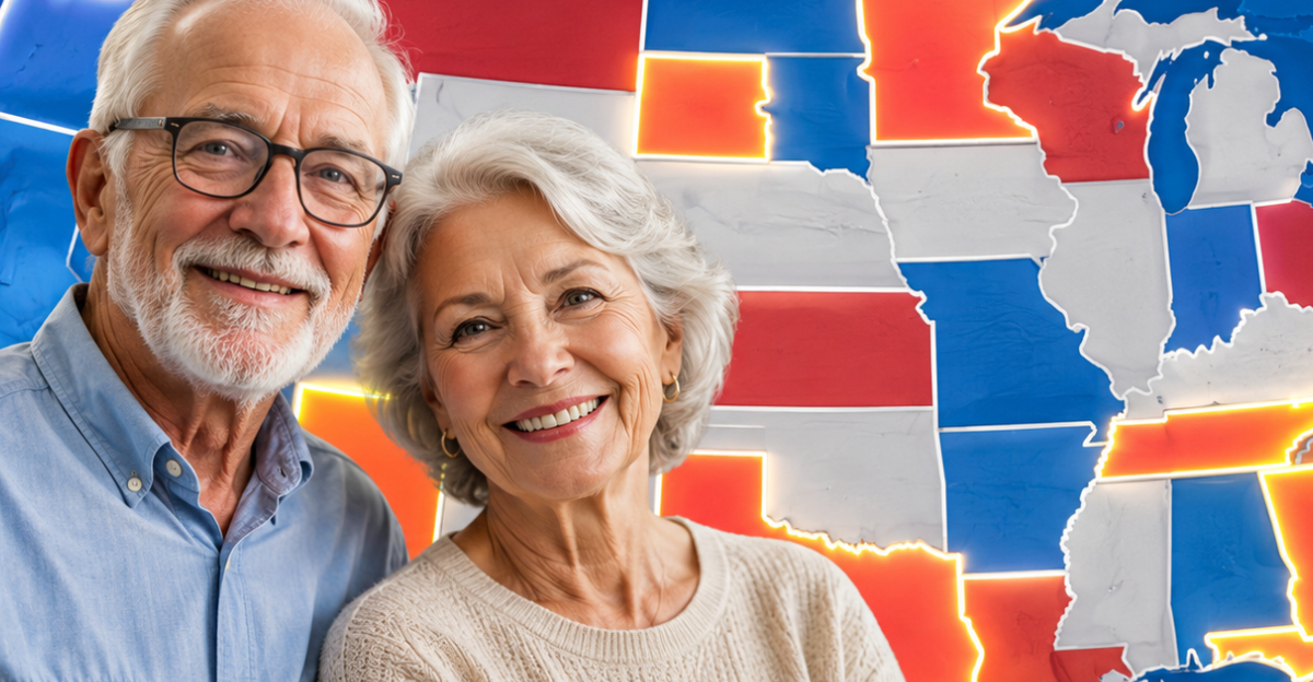 Happy older couple, USA map background
