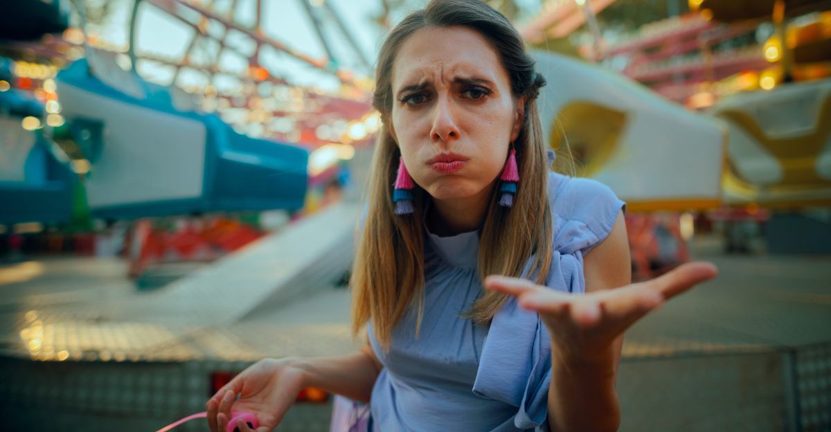  Anxious Woman Asks for Explanations in an Amusement Park Stressed lady seeks clarification at a theme park 