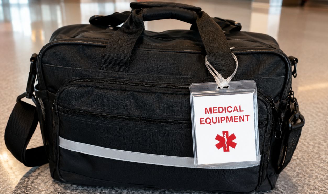 Medical equipment bag on gray floor
