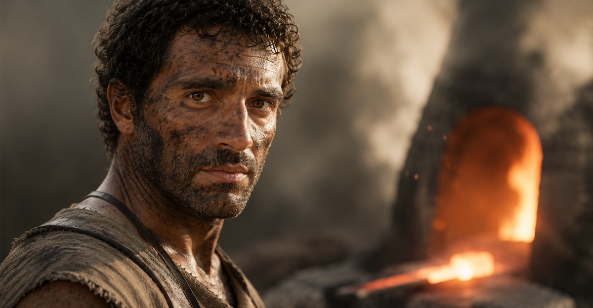 AI-generated image of Ancient Roman man next to smelting furnace