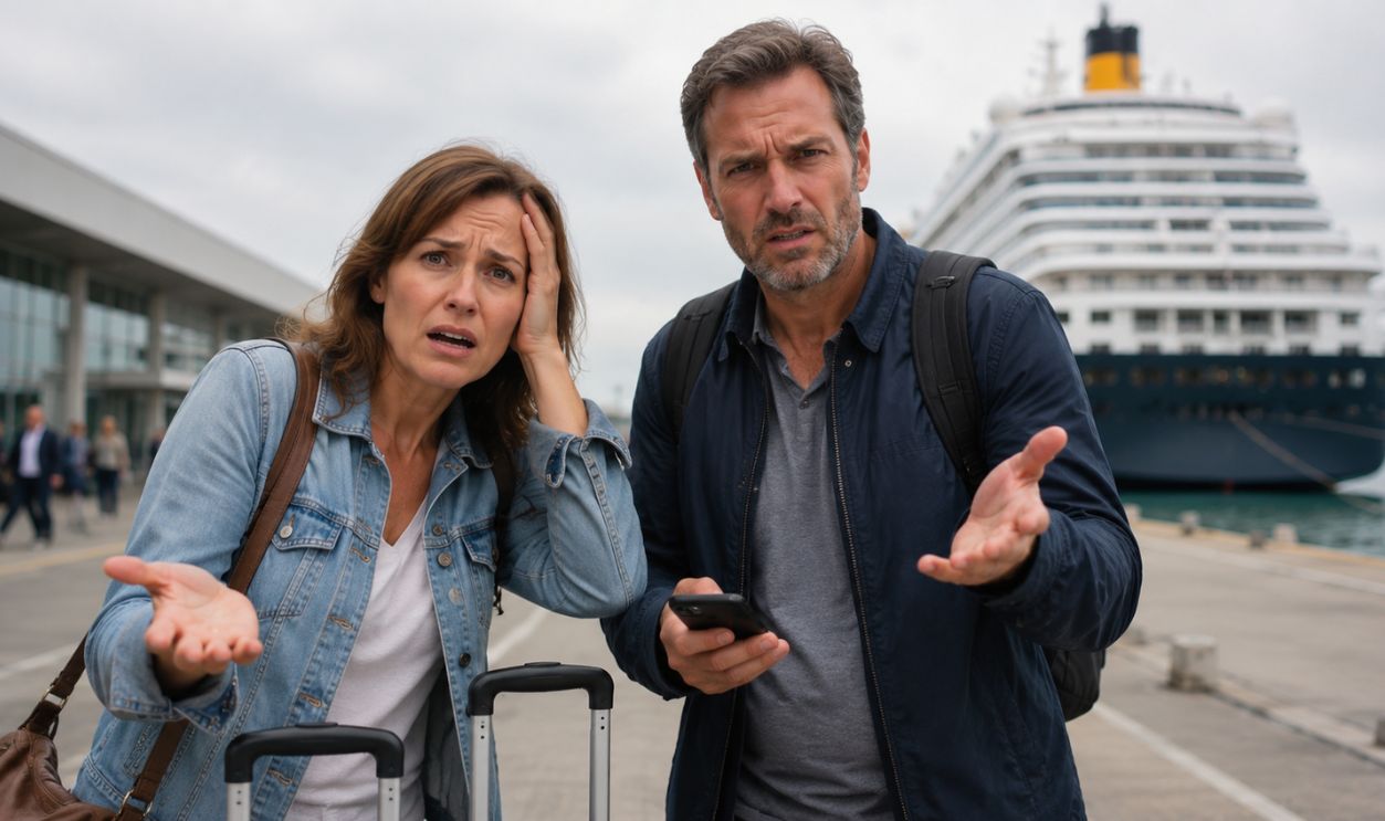 Frustrated travelers at the port