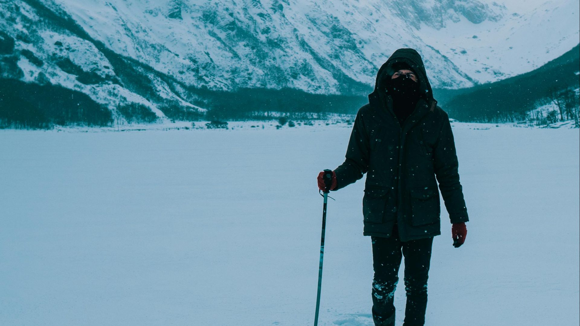 A lone hiker treks through snowy mountains with a trekking pole during winter.