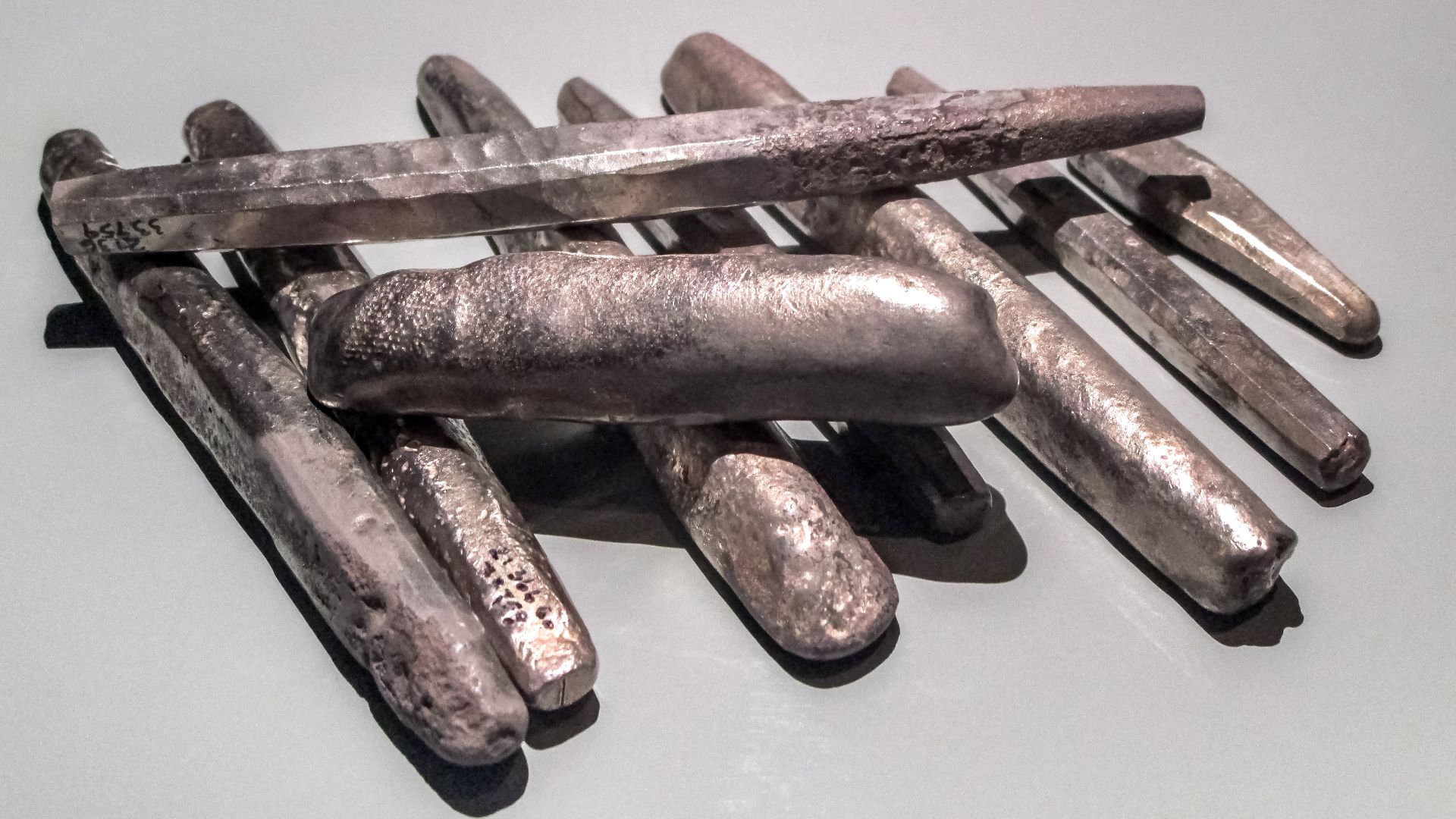 Silver melted into bars from hoard No 2 of the Spillings Hoard at Gotland Museum, Visby, Gotland, Sweden.