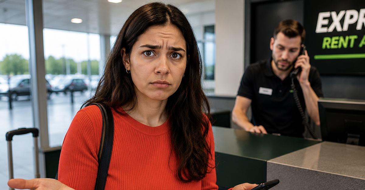 AI-generated image of a woman waiting for a rental car.