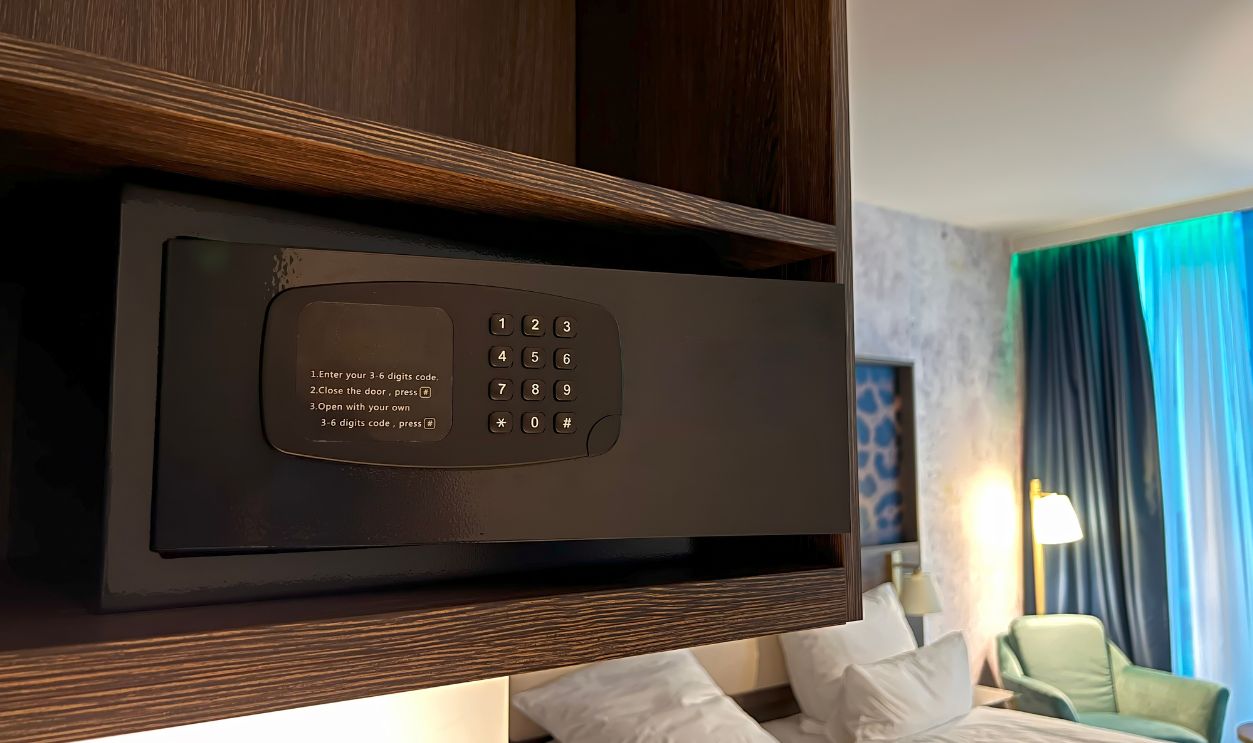 Money and documents in an open digital safe on a closet shelf. The safe has a keypad and a screen for security and protection. The safe can be locked and unlocked with a code and a password.