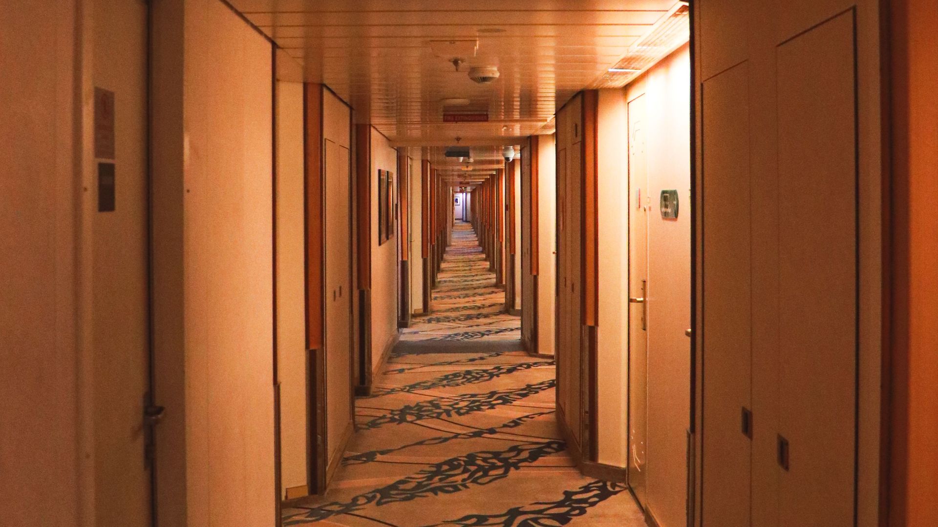 An inviting, warmly lit corridor on a cruise ship with patterned carpets and closed doors.