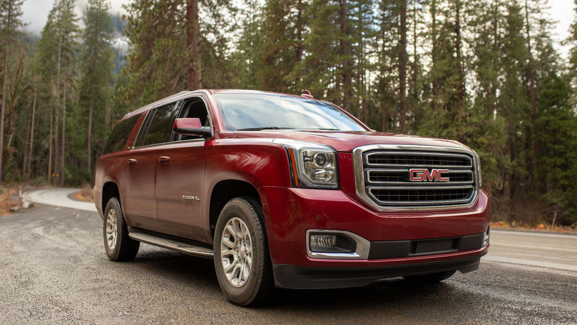 A stylish red SUV parked on a winding road surrounded by lush forest trees.