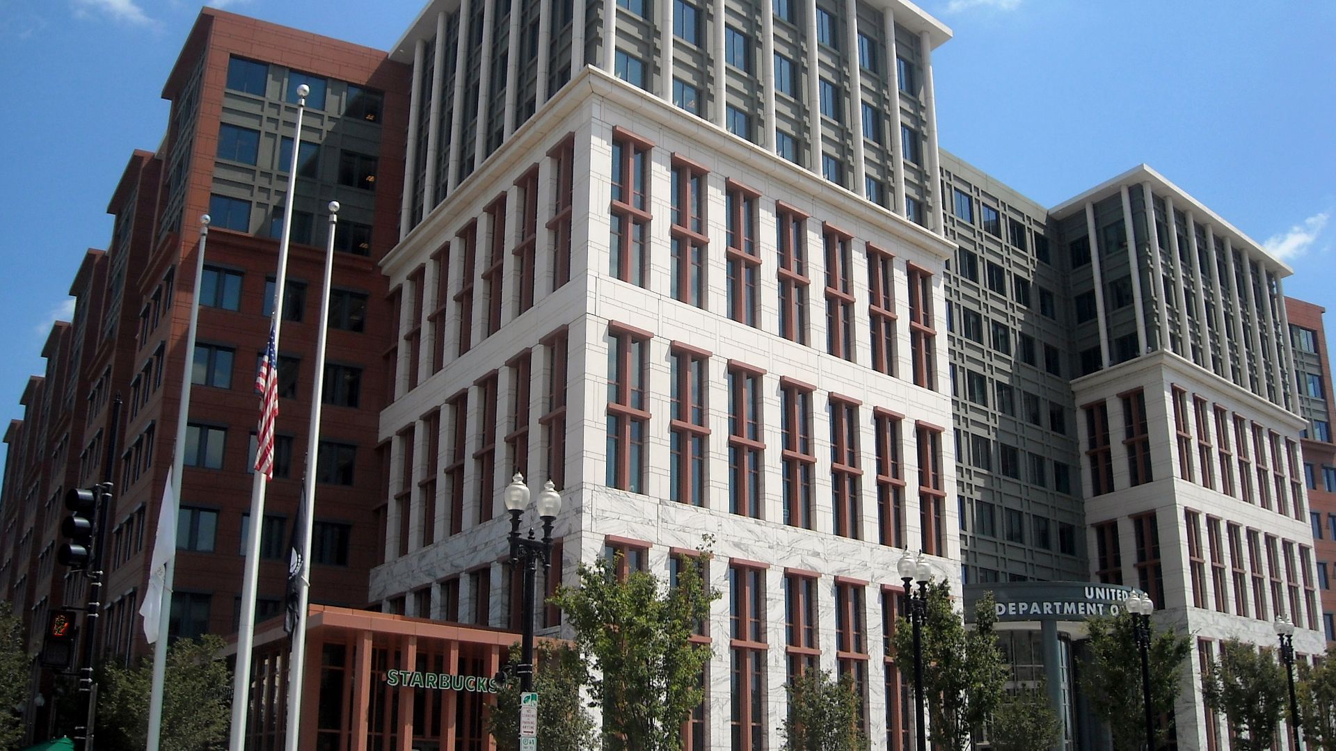 The entrance to the United States Department of Transportation headquarters (as viewed from the intersection of M Street and New Jersey Avenue, S.E.), located at 1200 New Jersey Avenue, S.E., in the Navy Yard neighborhood of Washington, D.C.