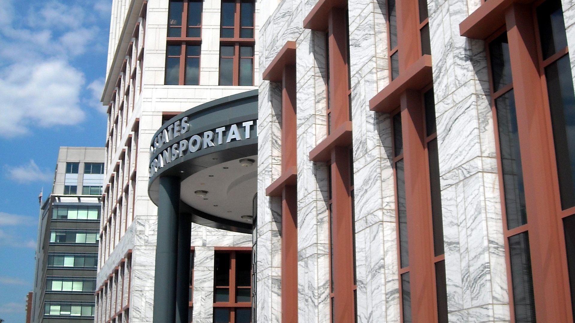 The entrance to the United States Department of Transportation headquarters, located at 1200 New Jersey Avenue, S.E., in the Navy Yard neighborhood of Washington, D.C.