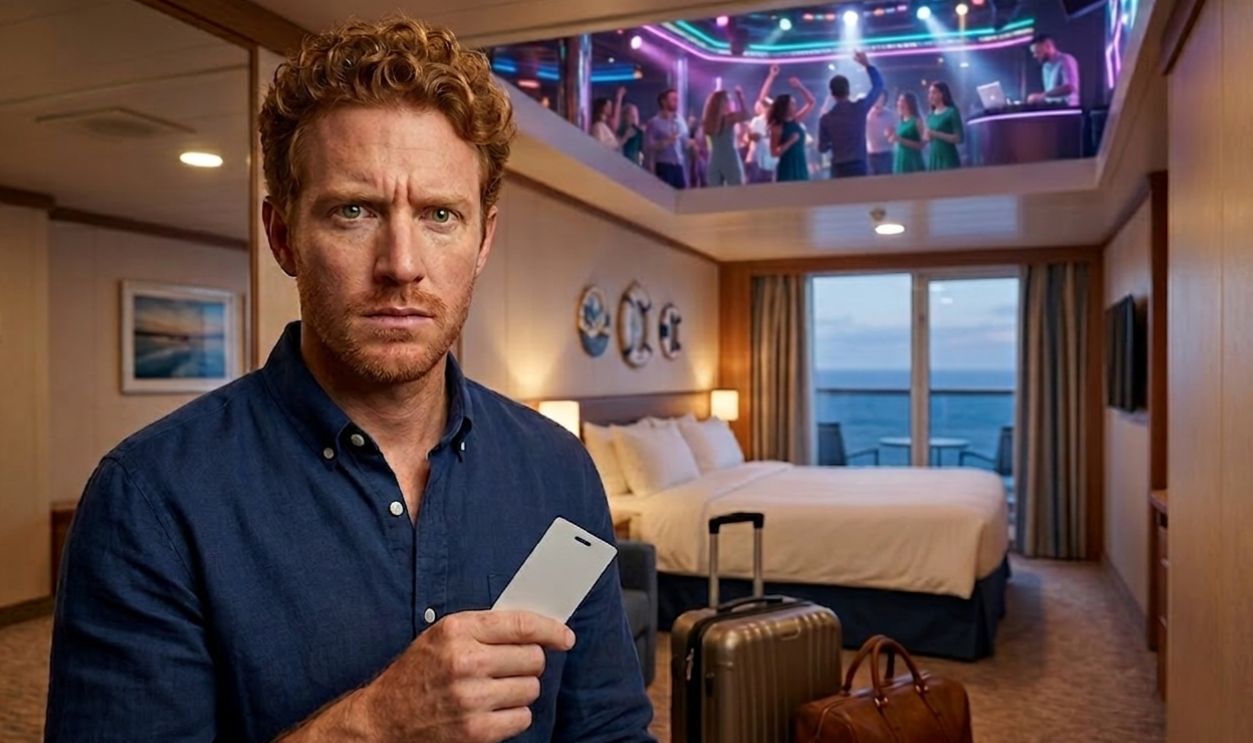 annoyed man in cruise ship cabin right under dancefloor