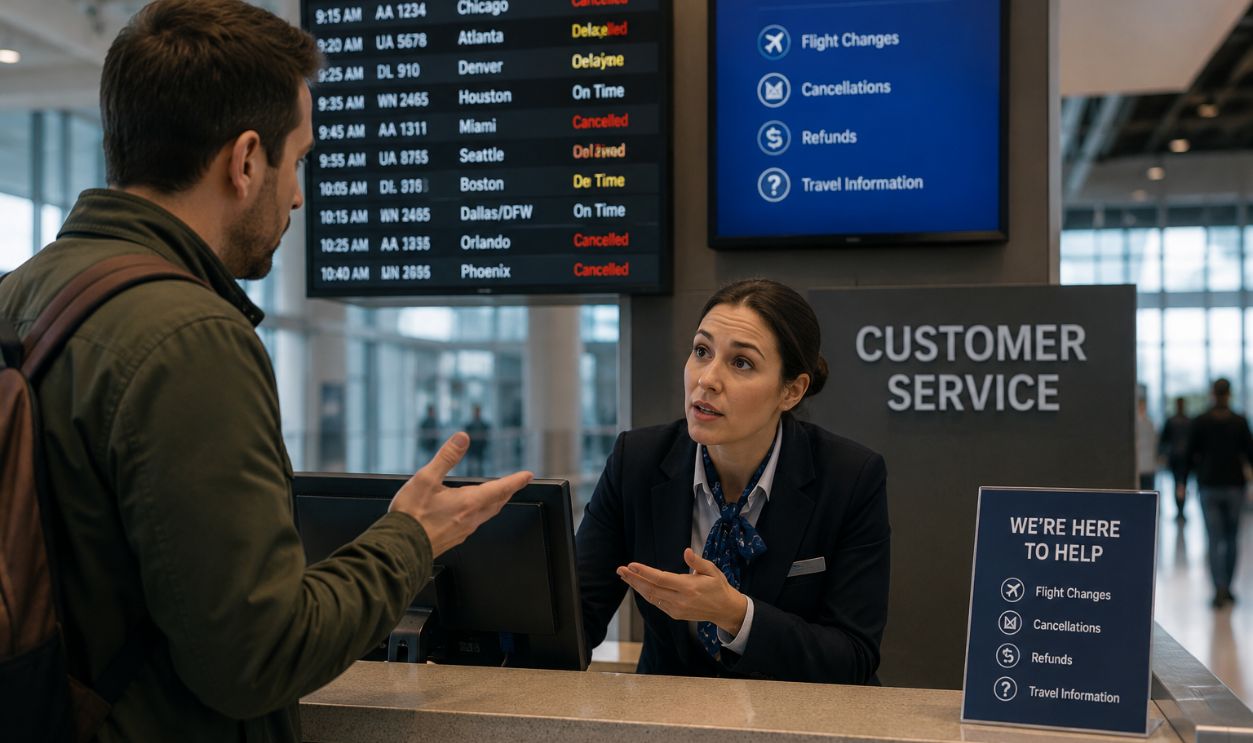 Airport customer service interaction at desk