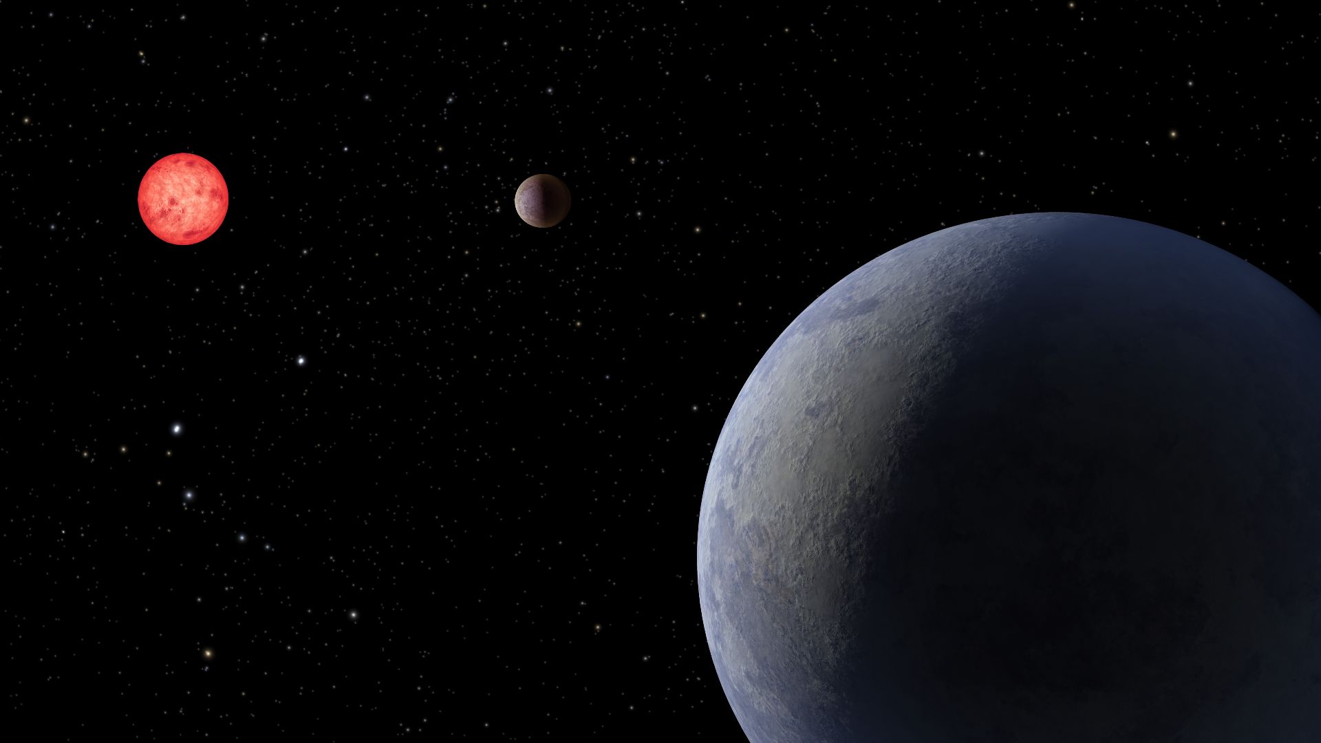 Artist's rendering of a newly discovered super-Earth, LP 890-9 c, foreground, and its sister planet, LP 890-9 b, orbiting a red-dwarf star some 98 light-years away from Earth.