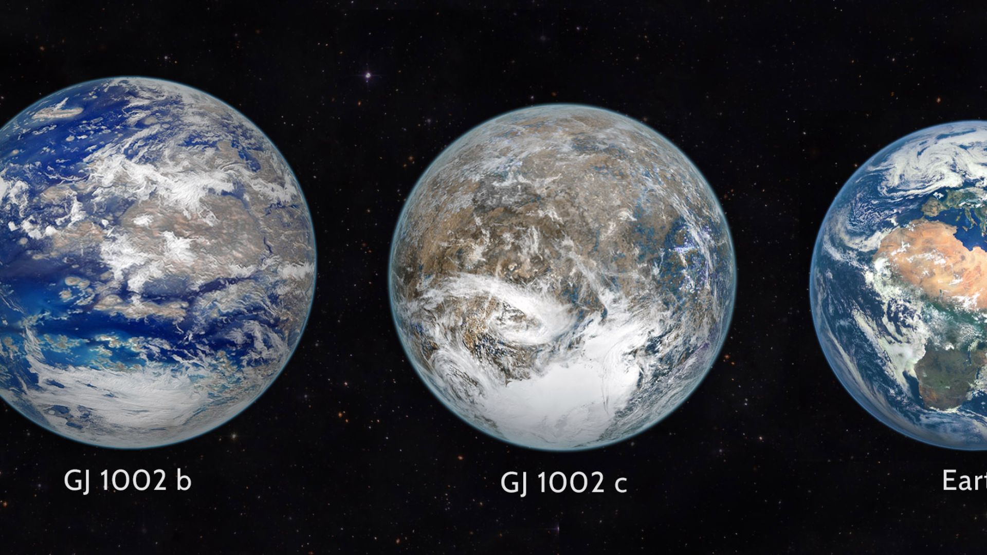 This artist's conception shows a potential appearance of the two known planets of a nearby red dwarf GJ 1002, comparing their estimated size to that of Earth, assuming Earth-like rocky composition.