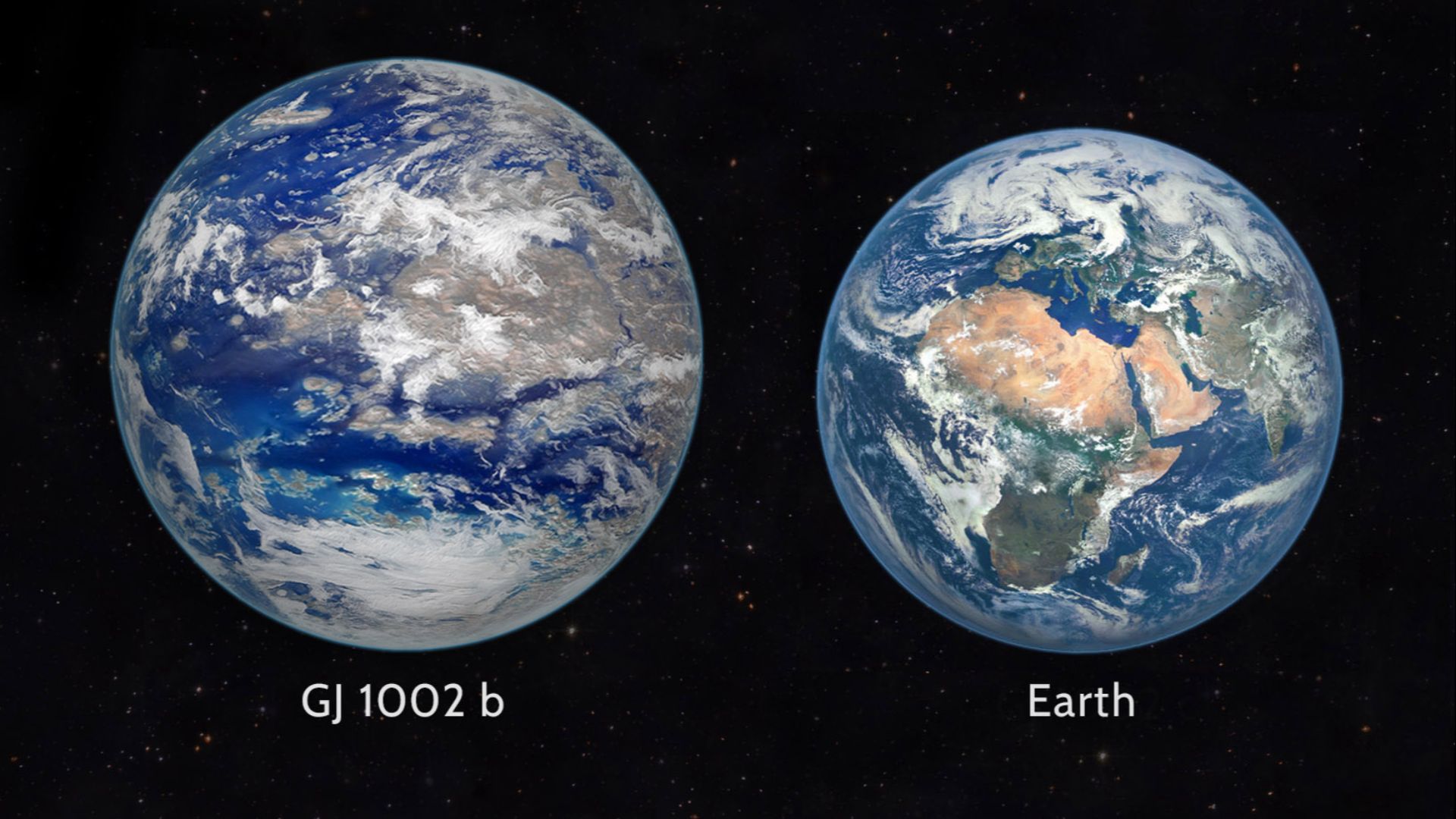 Artist's impression and size comparison of the planet GJ 1002b with Earth