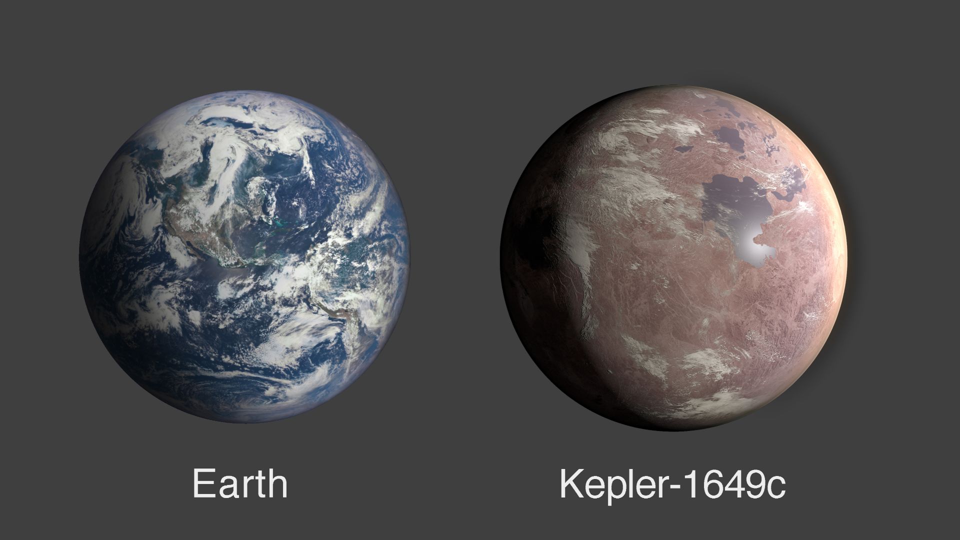 PIA23774: Comparing the Size of Exoplanet Kepler-1649c and Earth (Illustration)
https://photojournal.jpl.nasa.gov/catalog/PIA23774
This graphic compares the size of Earth and Kepler-1649c, an exoplanet only 1.06 times larger than Earth by radius.
For more